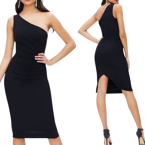 Dress the Population Martine Dress One Shoulder Stretch Crepe Black Womens XS - Picture 1 of 9